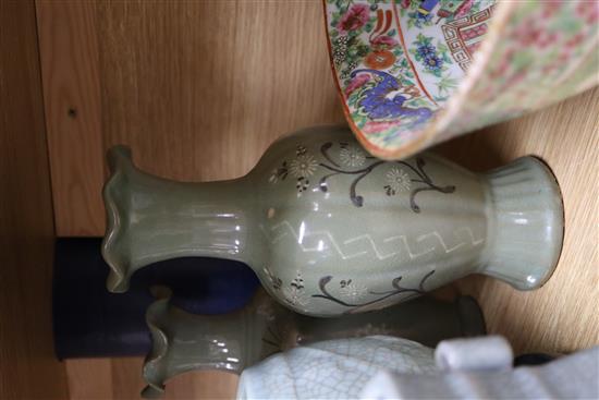 A Chinese celadon crackle glaze bowl and vase and two Korean celadon vases tallest 28cm